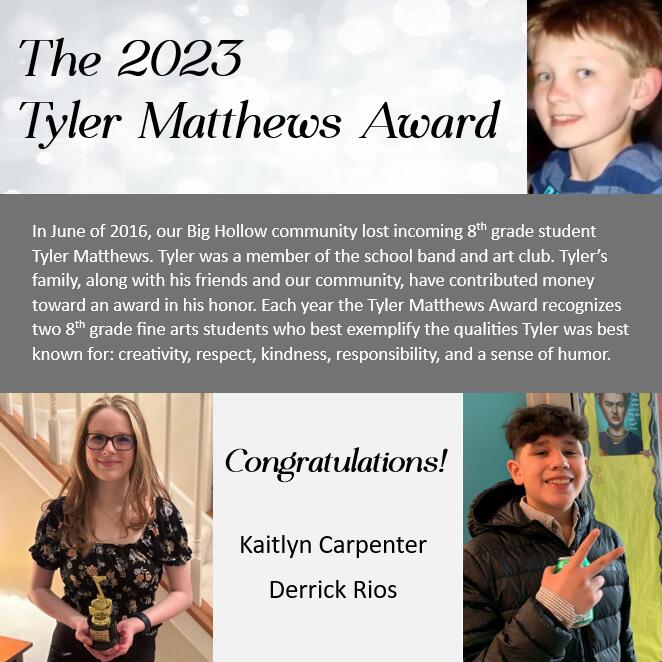 Congratulations to the 2023 Tyler Matthews Award recipients: Kaitlyn Carpenter & Derrick Rios