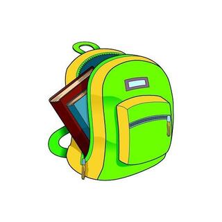 Open backpack with book falling out